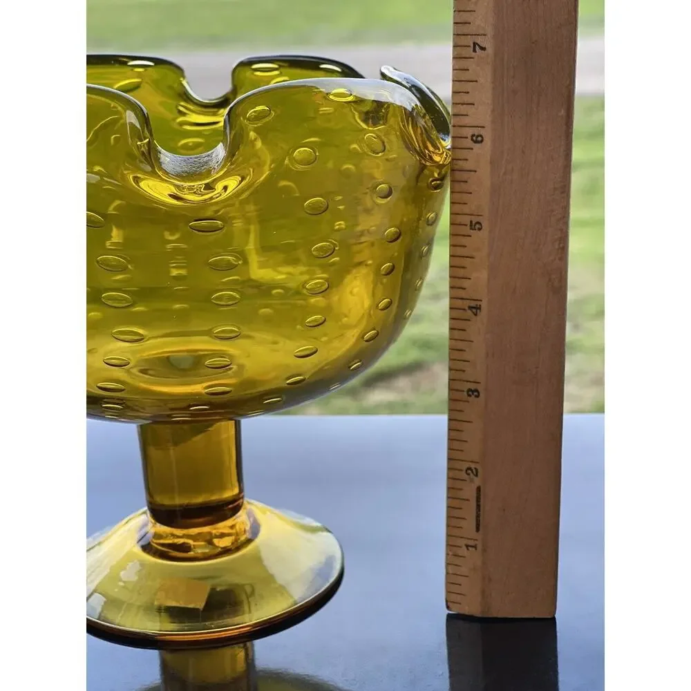 Bischoff Gold Footed Bubbles Compote Bowl Pinched Edge Art Glass Amber Pedestal‎